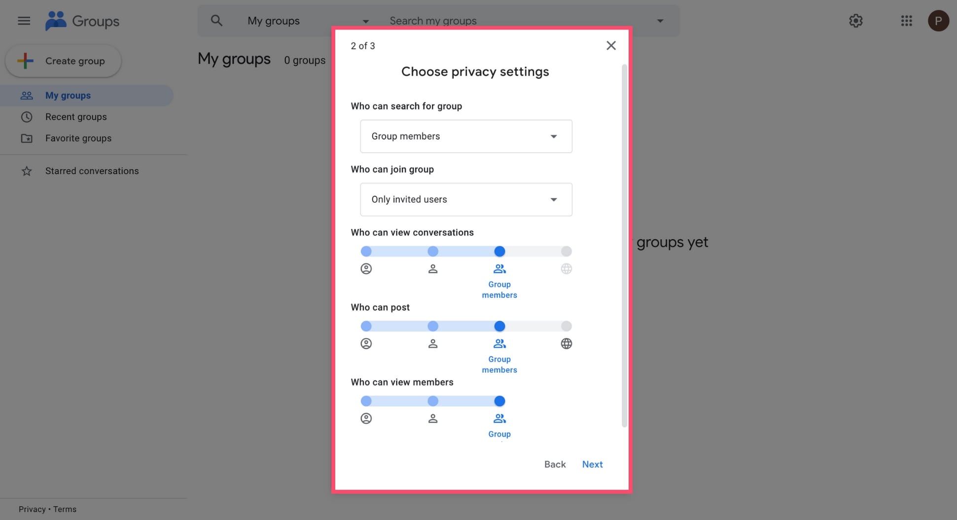 Configure the privacy settings of your email group