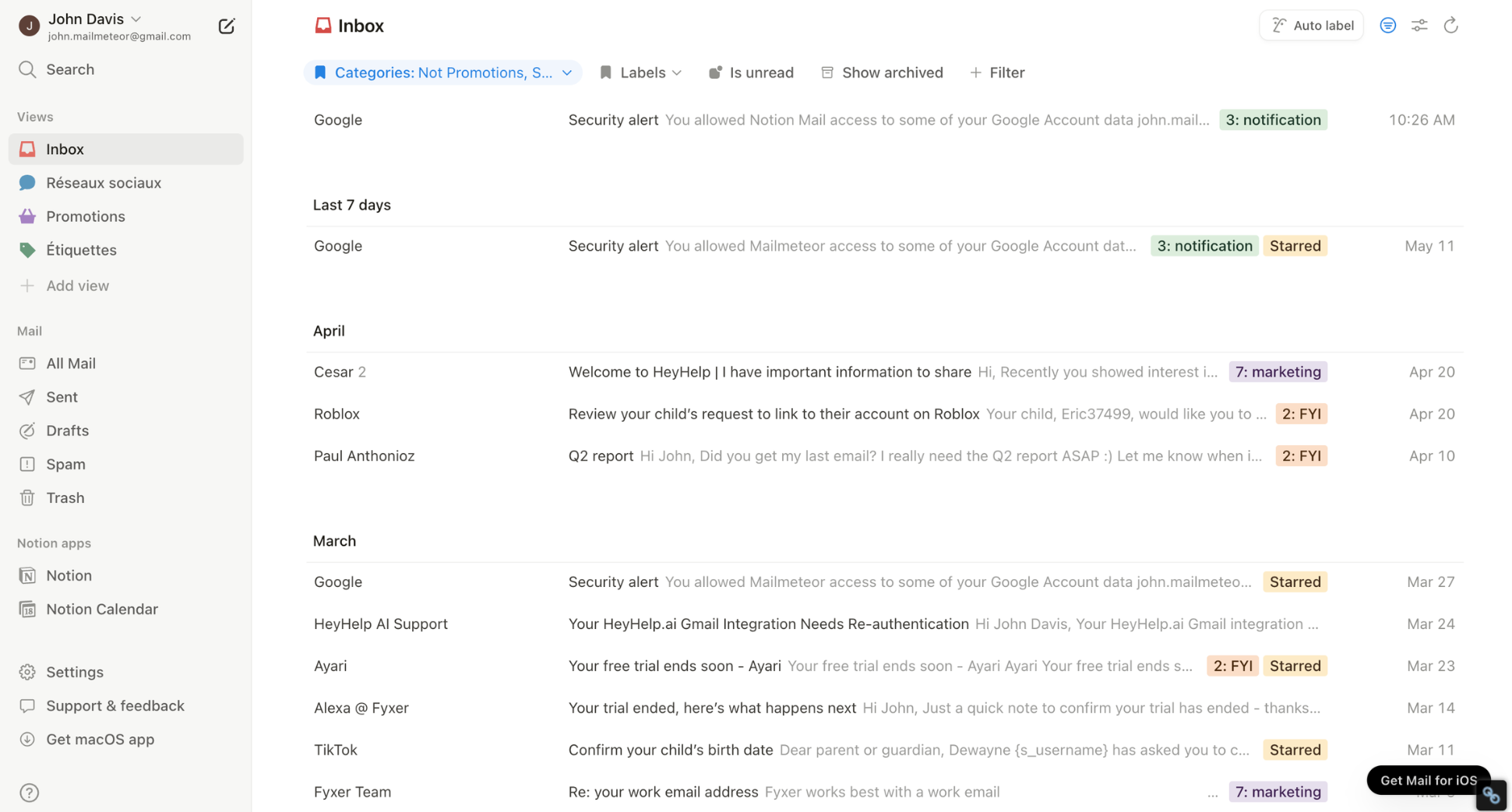 Notion Mail interface showing email linked to a Notion database and project page