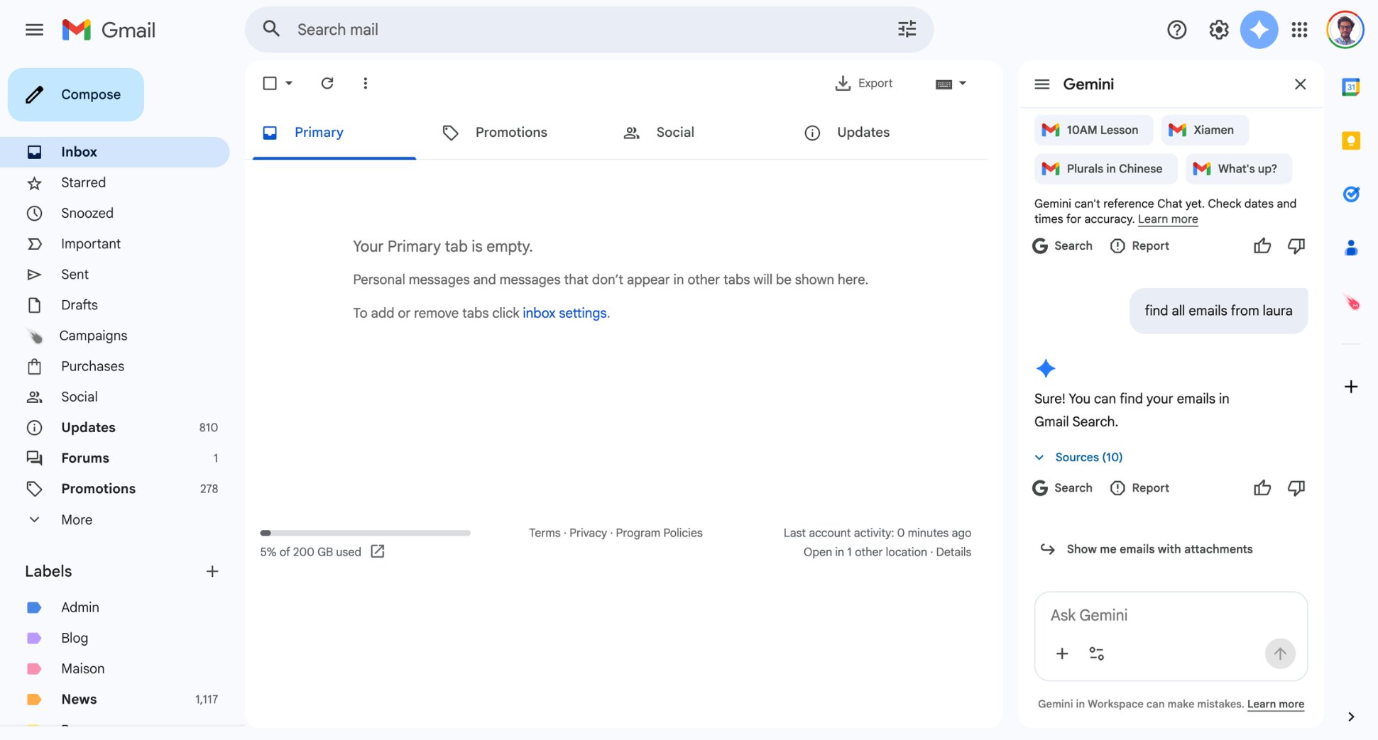 Gemini AI assistant side panel inside Gmail