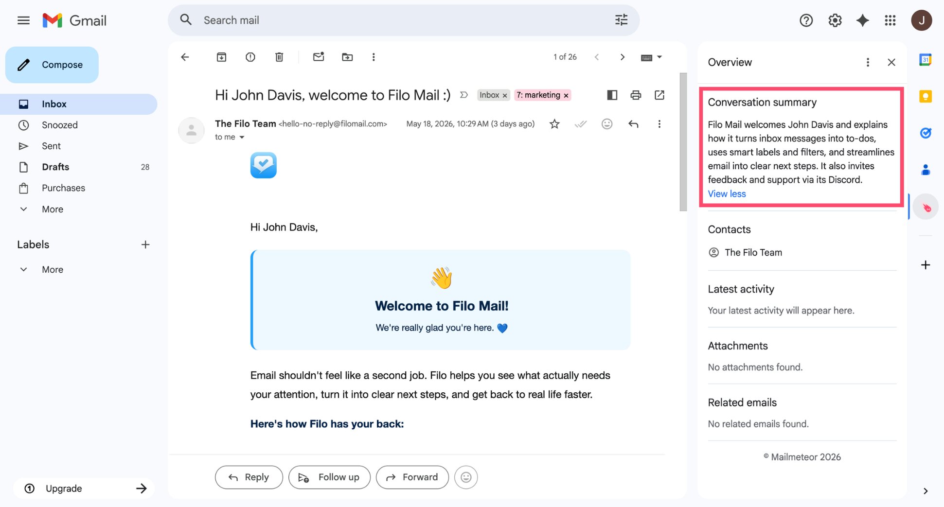 Mailmeteor conversation summary panel in Gmail