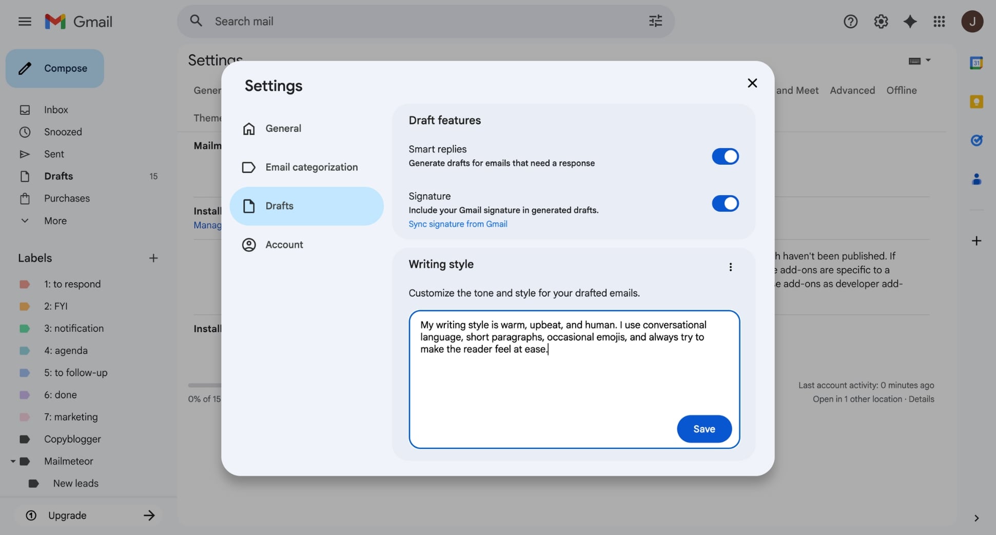 Mailmeteor Drafts settings with the Writing style text box for entering a custom tone prompt