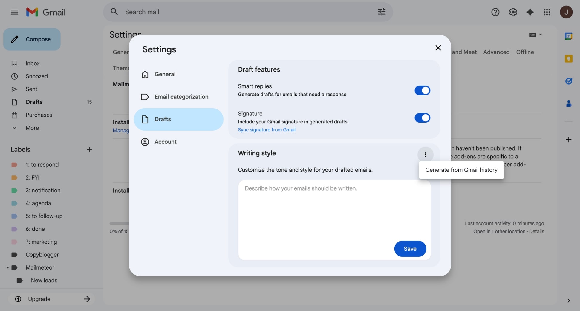 Mailmeteor settings panel open on “Drafts” with the Writing style input box visible
