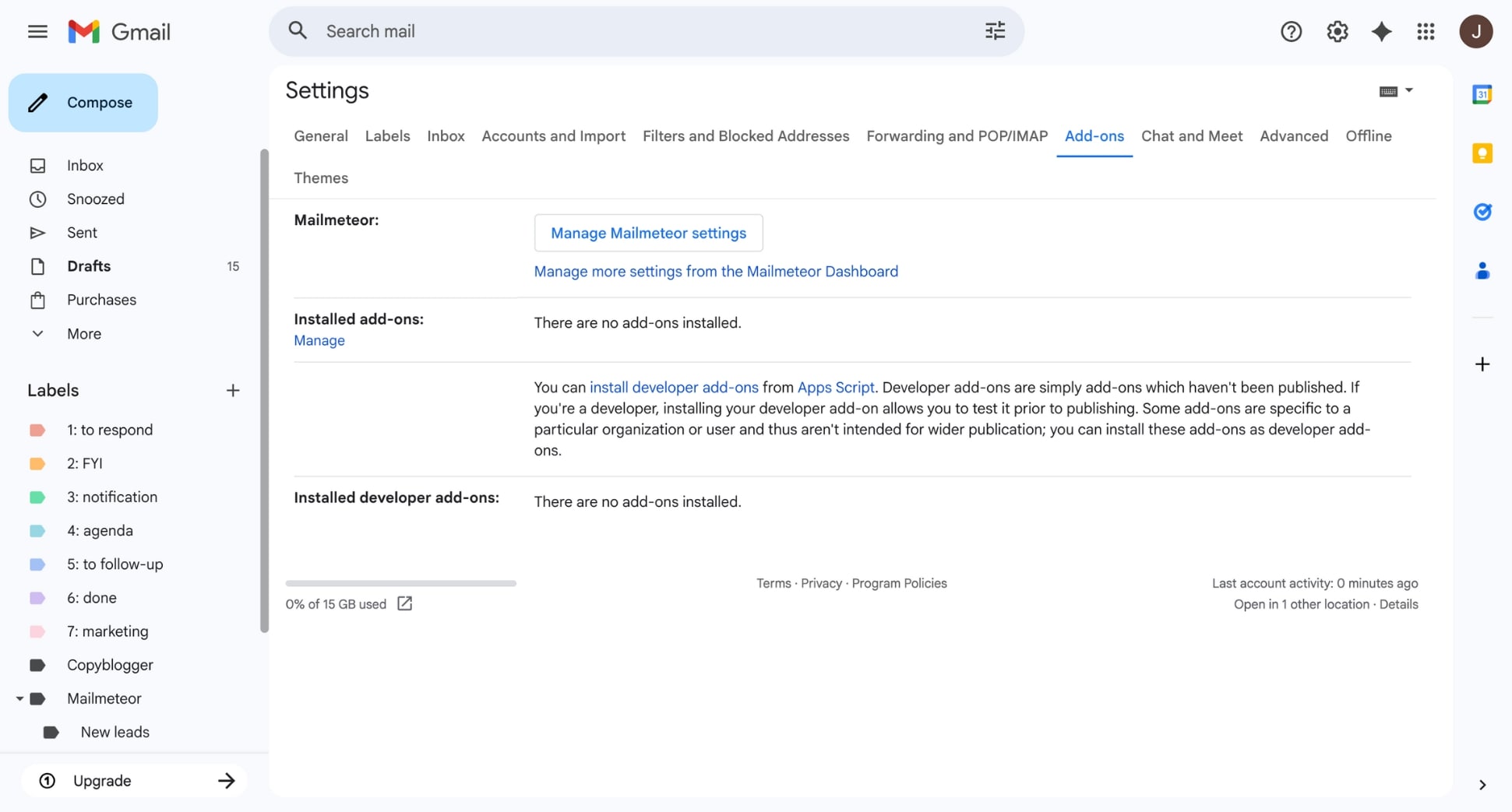 Gmail Add-ons tab with “Manage Mailmeteor settings” highlighted