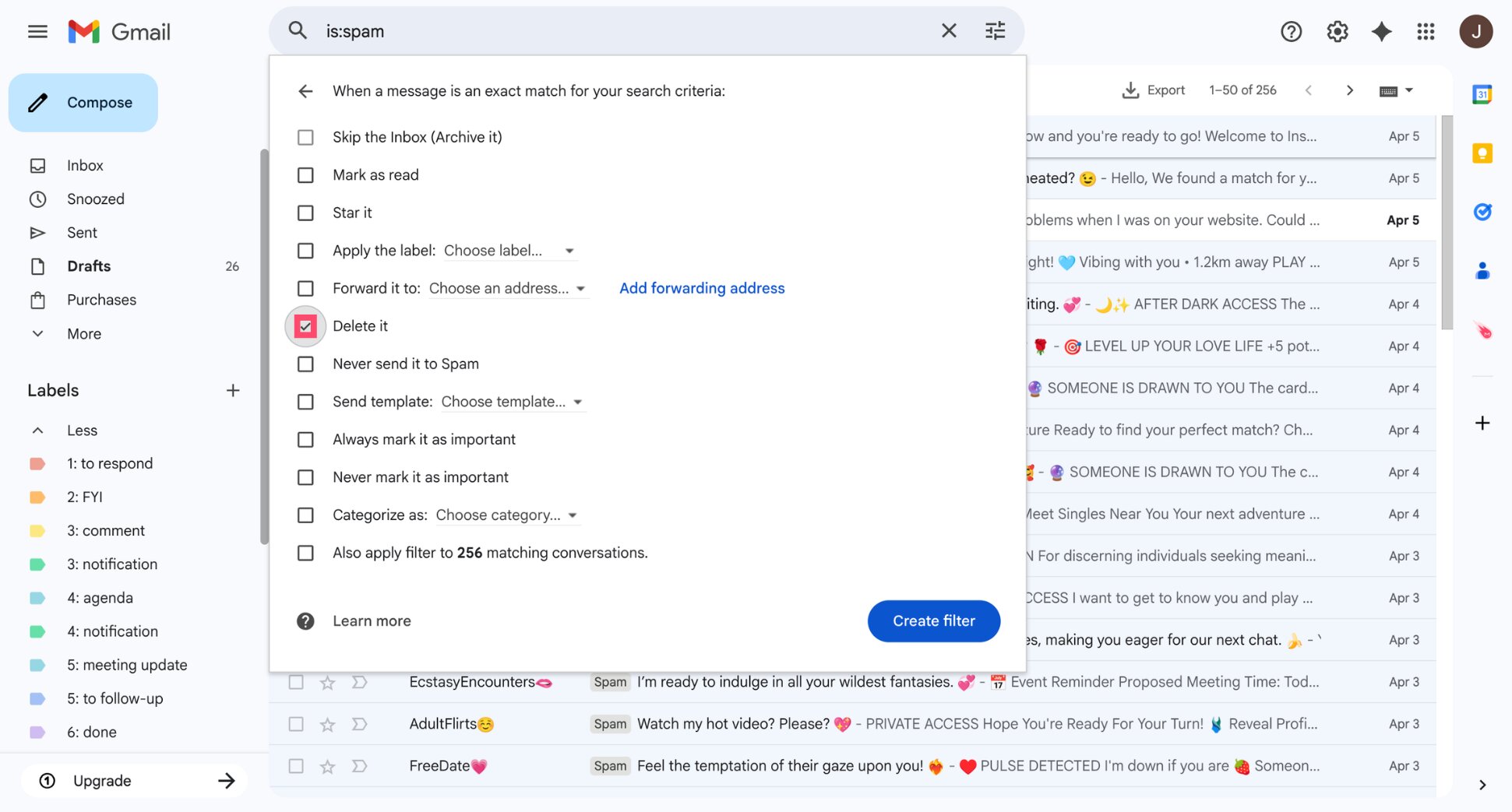 Select the Delete it option in Gmail filter settings to move spam emails to the Trash automatically