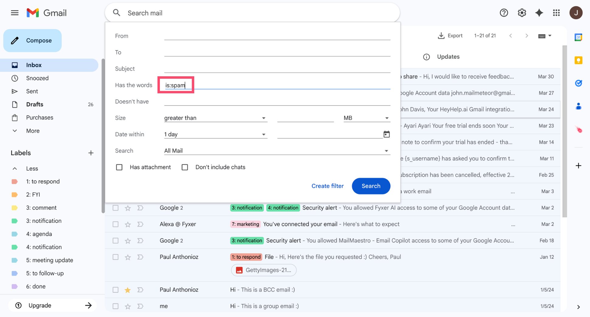 Type is:spam in the Has the words field to automatically delete spam emails in Gmail