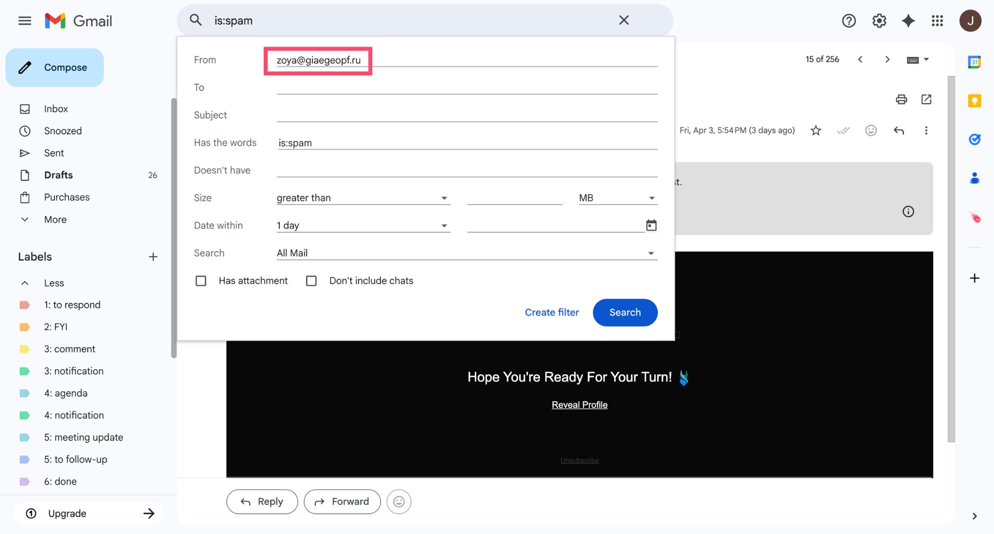 Enter the spammer’s email address in the From field to automatically delete emails from a specific sender in Gmail