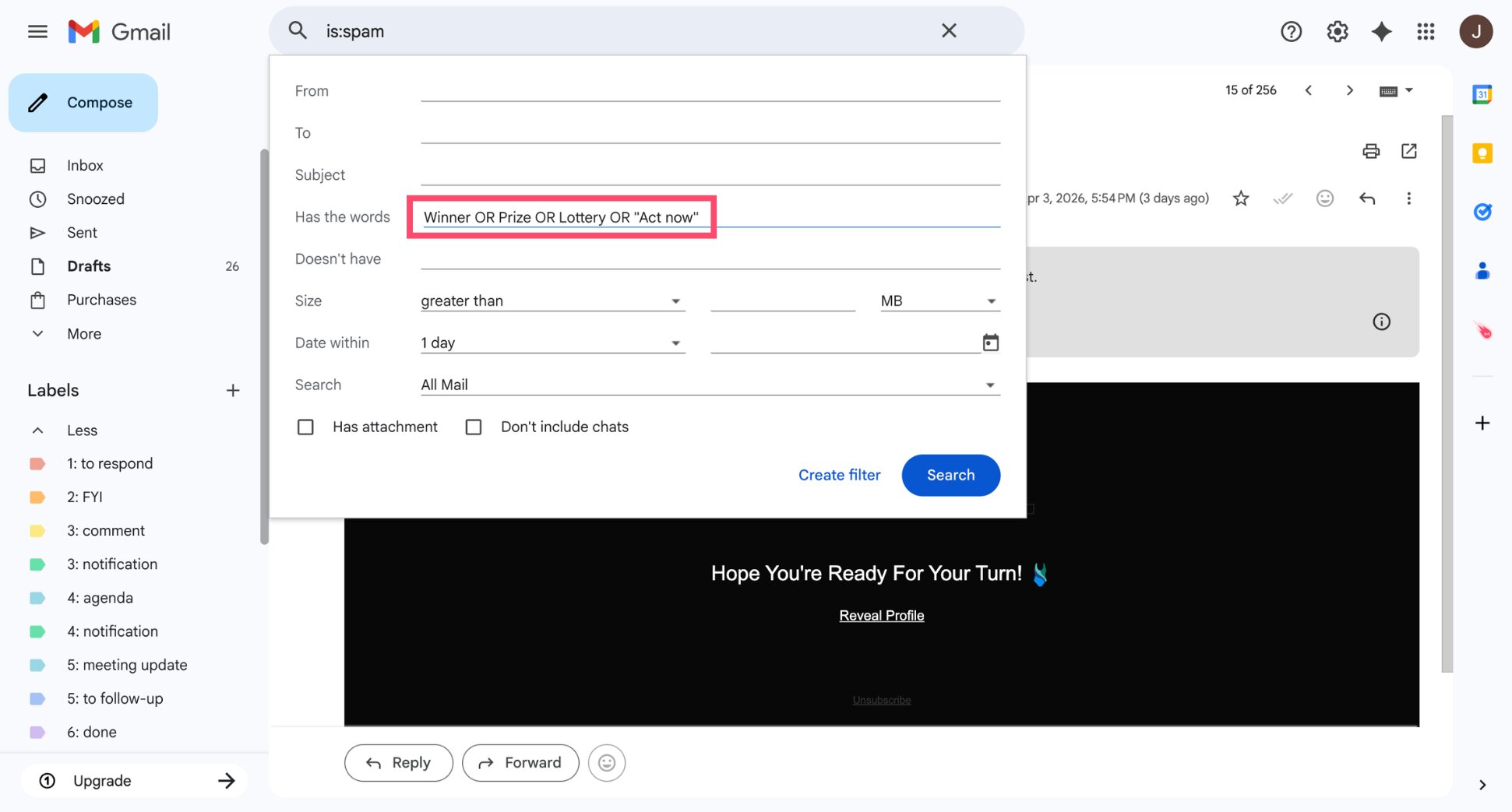 Use the Has the words field in Gmail to filter and automatically delete spam emails based on keywords