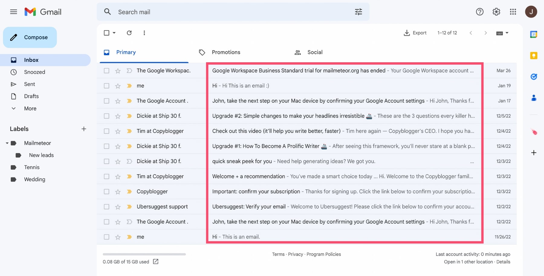 Email subject line examples in Gmail