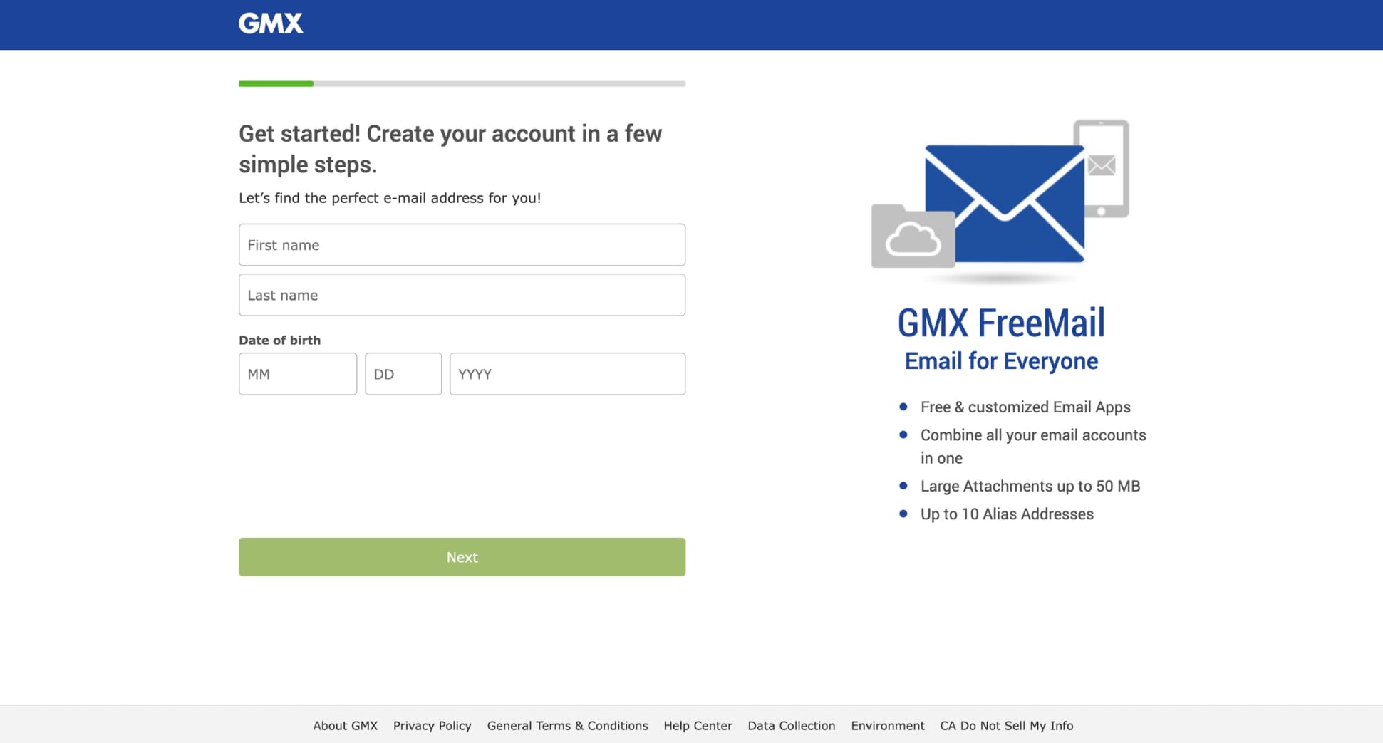 GMX Mail sign up page