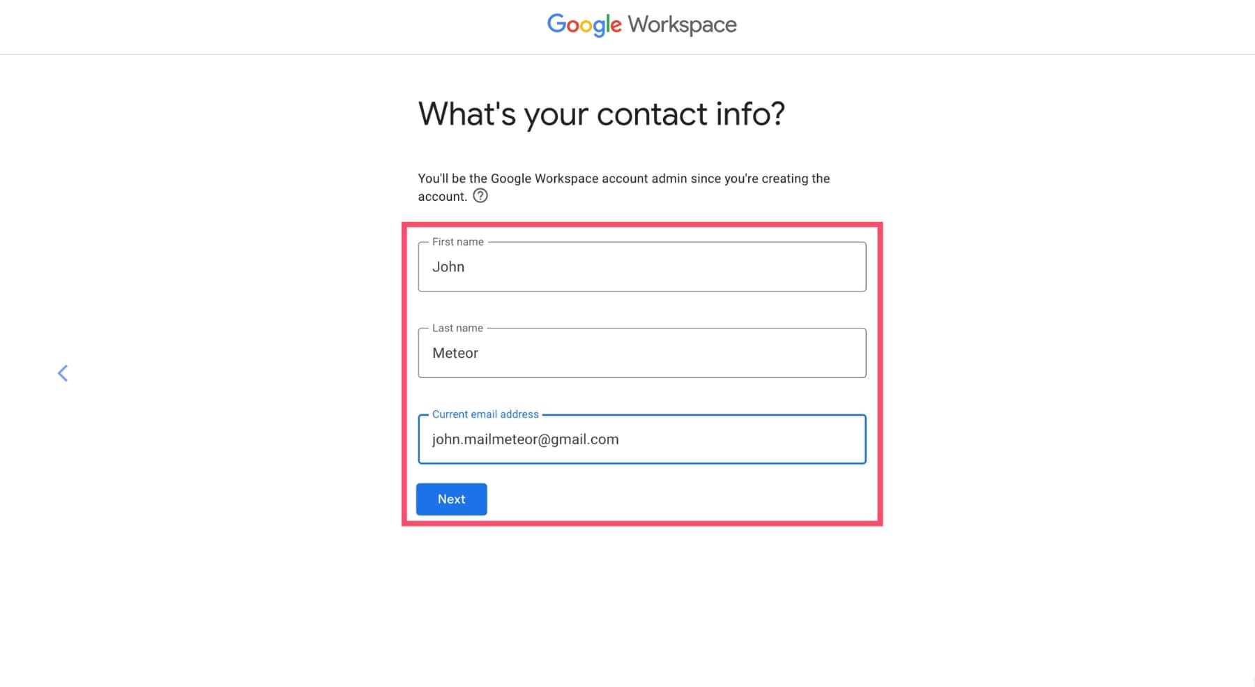 Enter the contact info of your Gmail business email account