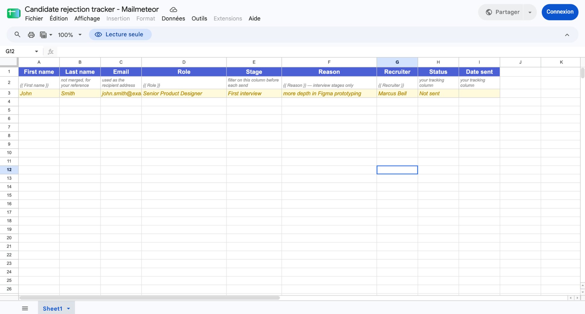 Google Sheet with candidate columns for first name, email, role, stage, reason and recruiter