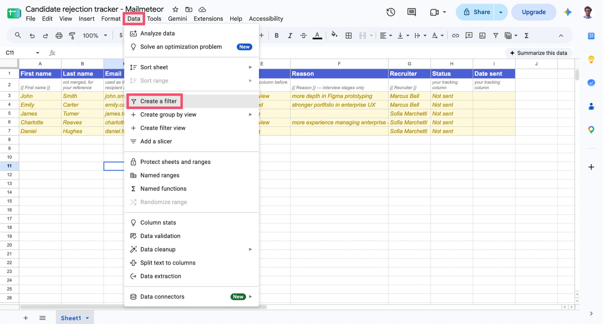 Google Sheets filter applied to the Stage column