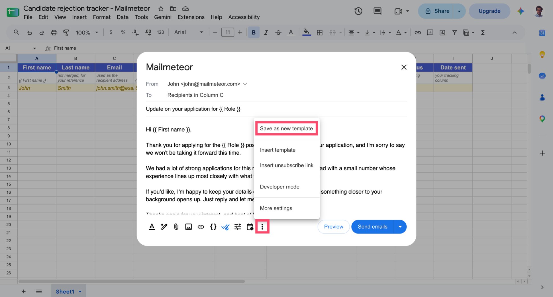 Mailmeteor Save as new template dialog