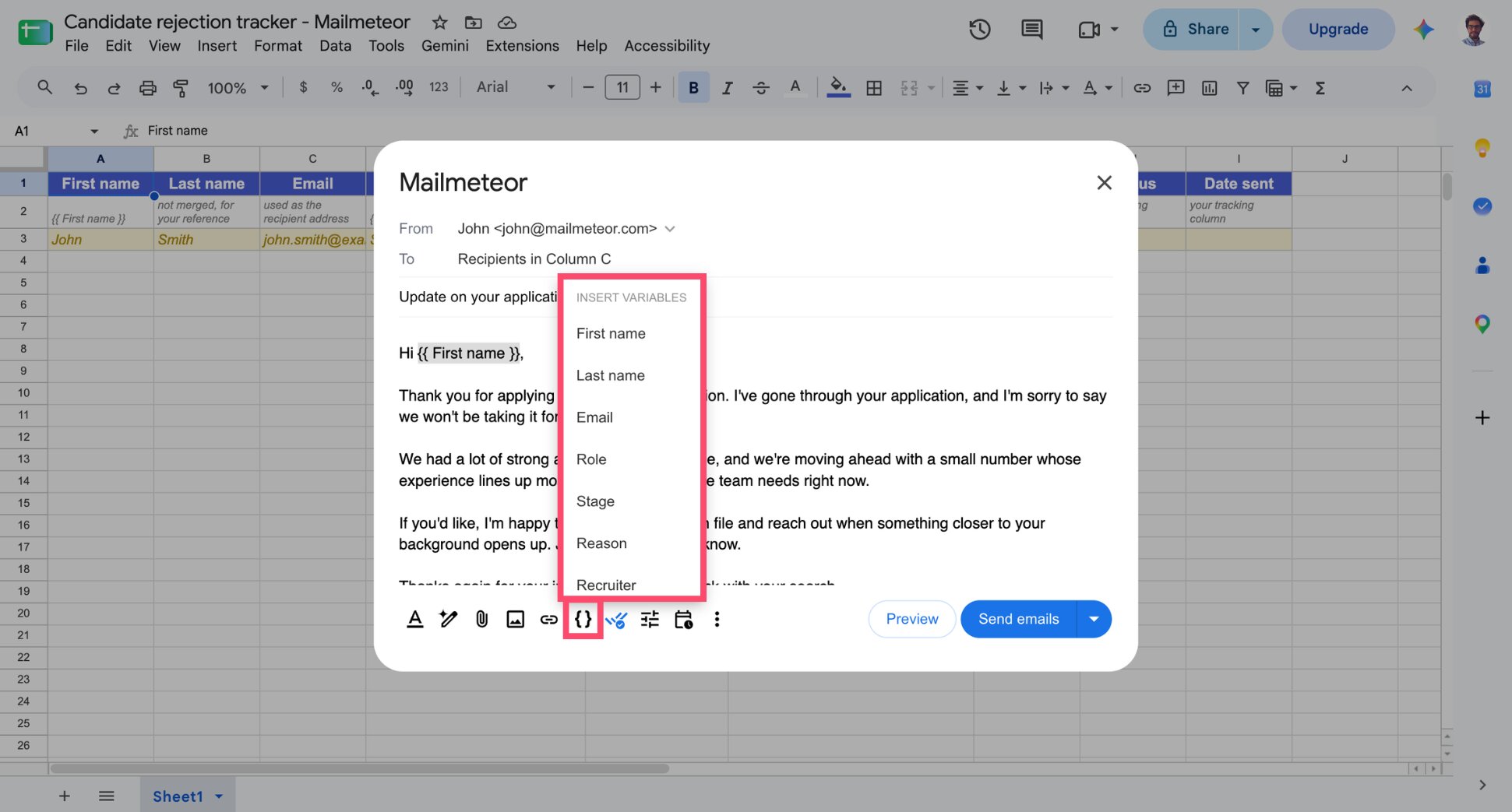 Mailmeteor Compose window with a rejection email draft and merge tags inserted from Insert variable