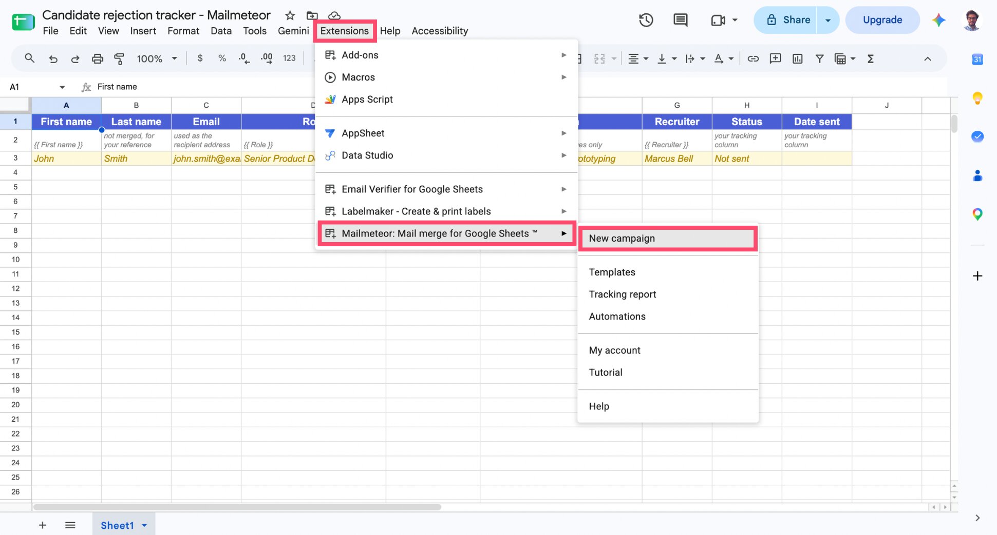 Mailmeteor menu in Google Sheets Extensions, with New campaign selected