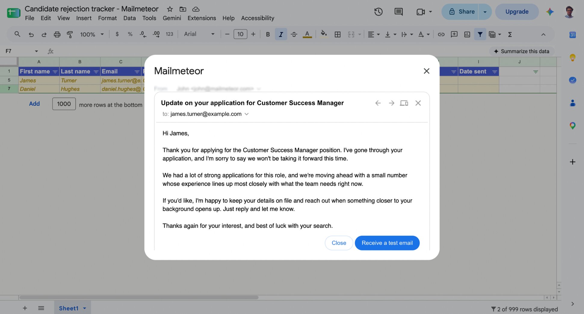 Mailmeteor preview screen showing a personalized rejection email for one candidate row