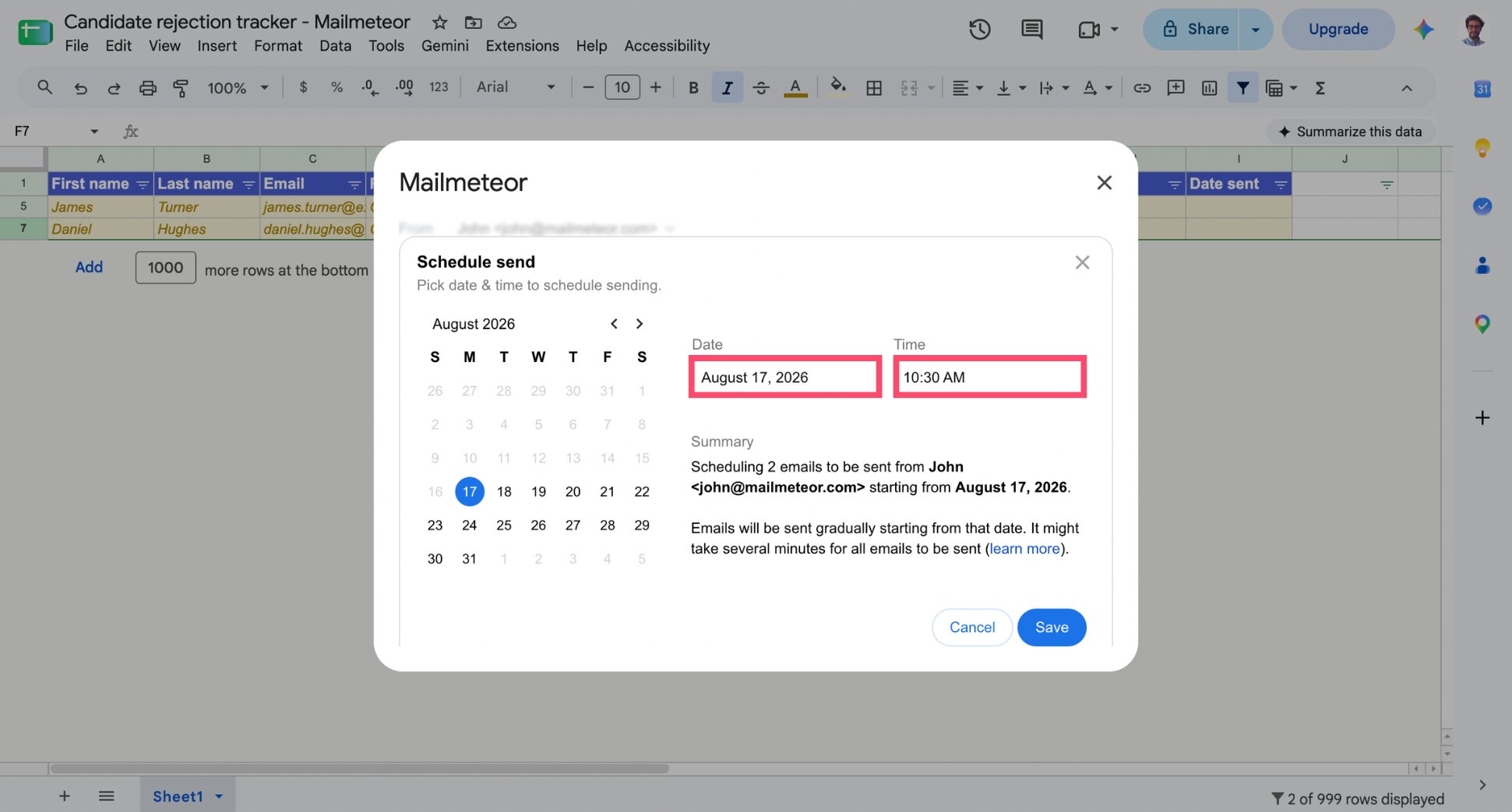 Mailmeteor send screen with a scheduled send time set for a rejection campaign