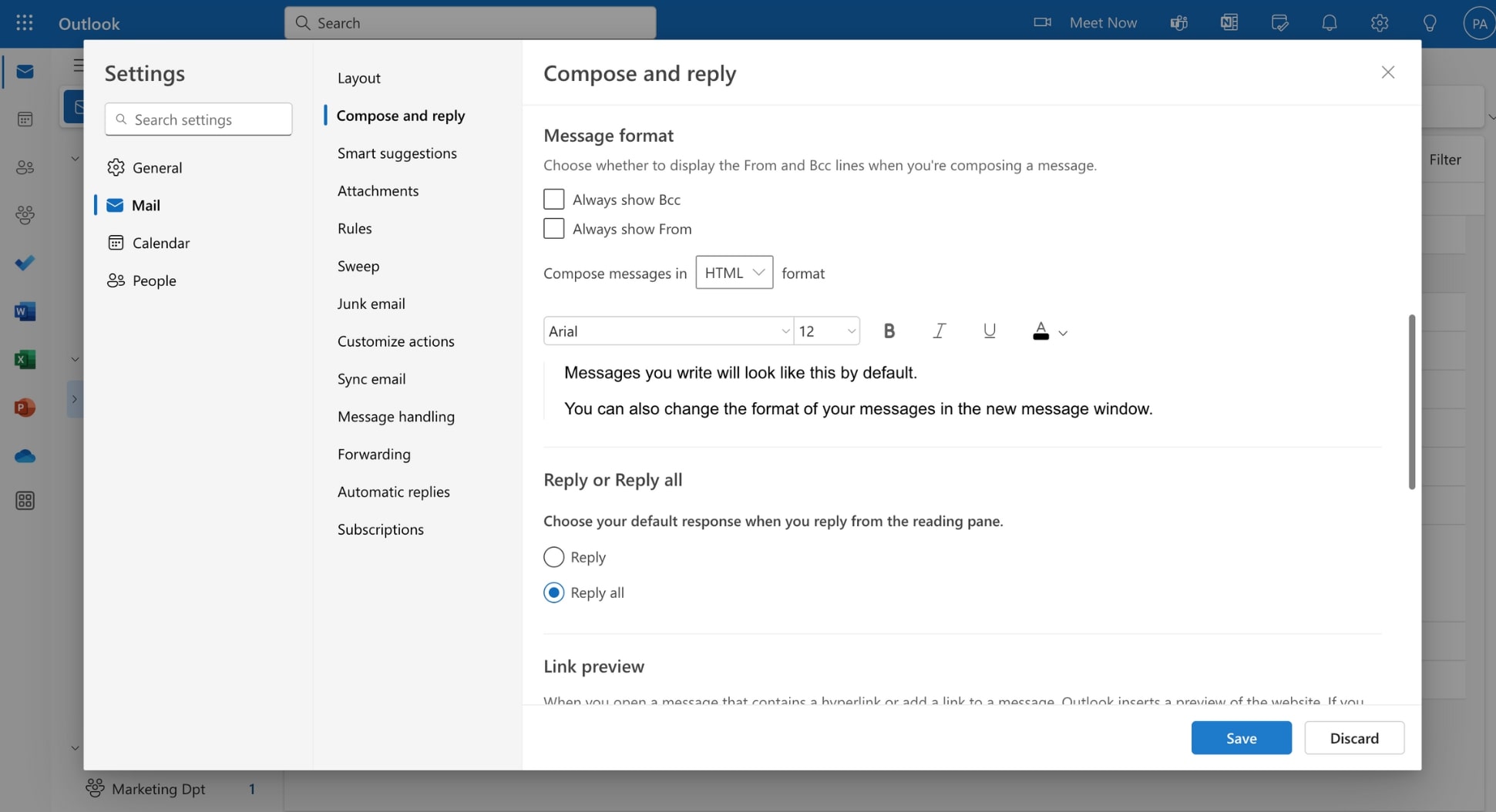 Verify the default message format in Outlook.com