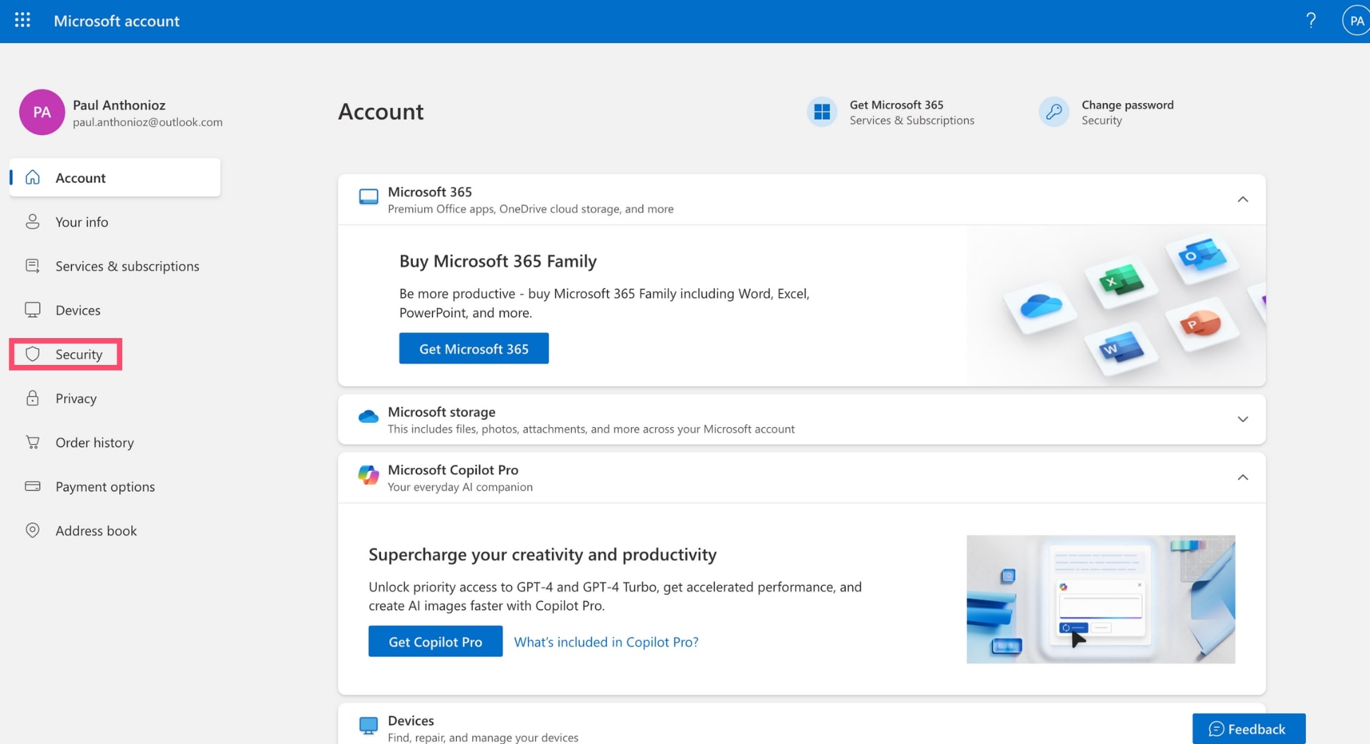 The security tab of your Microsoft Account