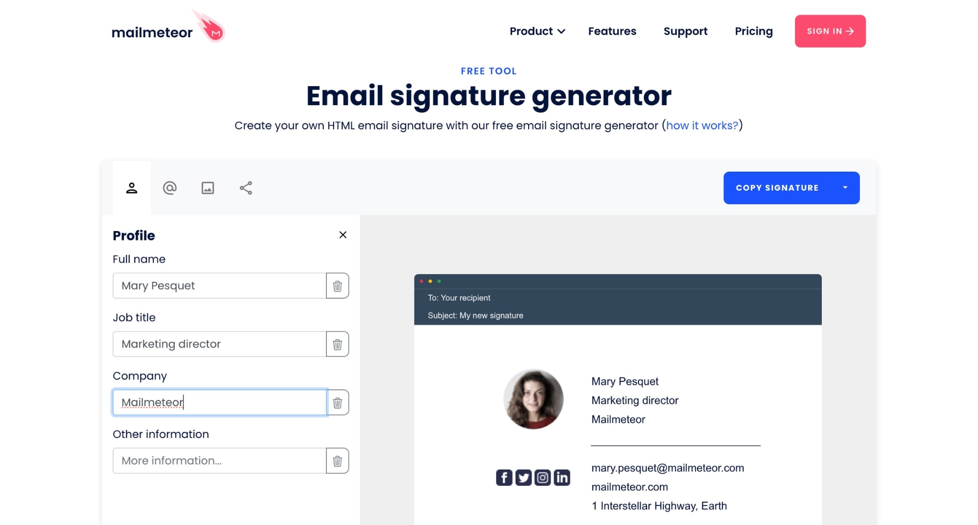 Mailmeteor has created a free email signature builder