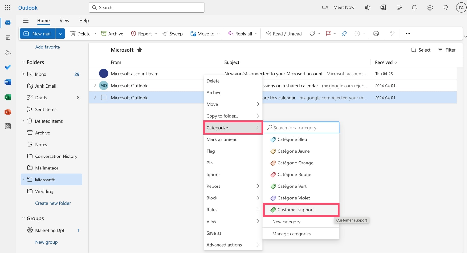 Assign a category to certain emails stored in an Outlook folder