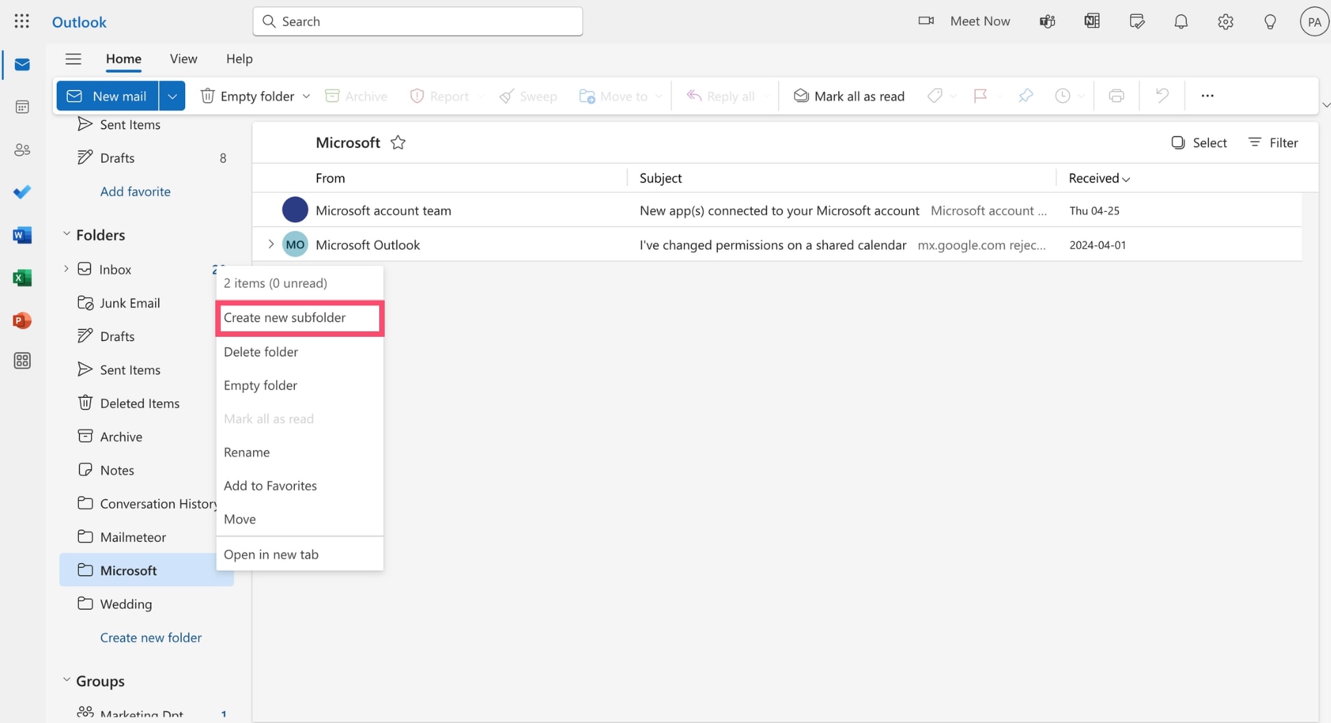 Create a new subfolder in Outlook