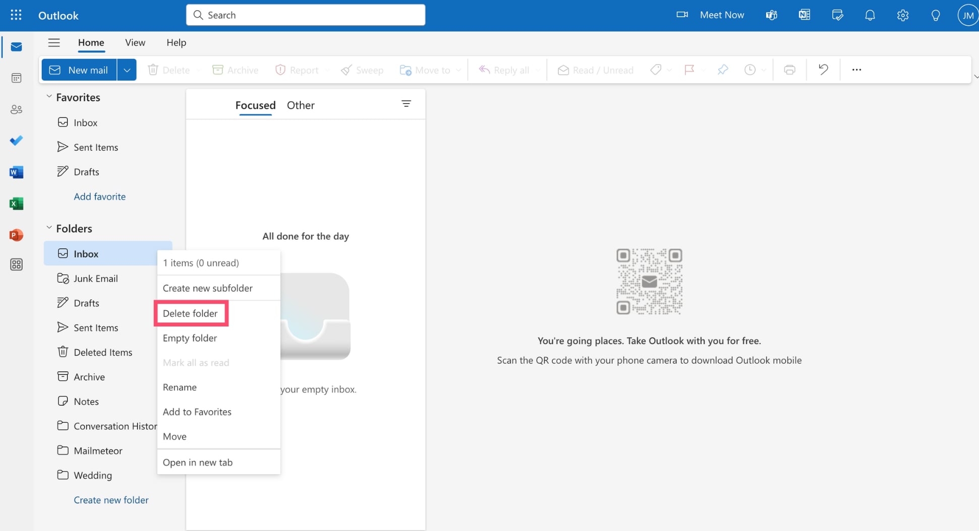 Delete a folder in Outlook