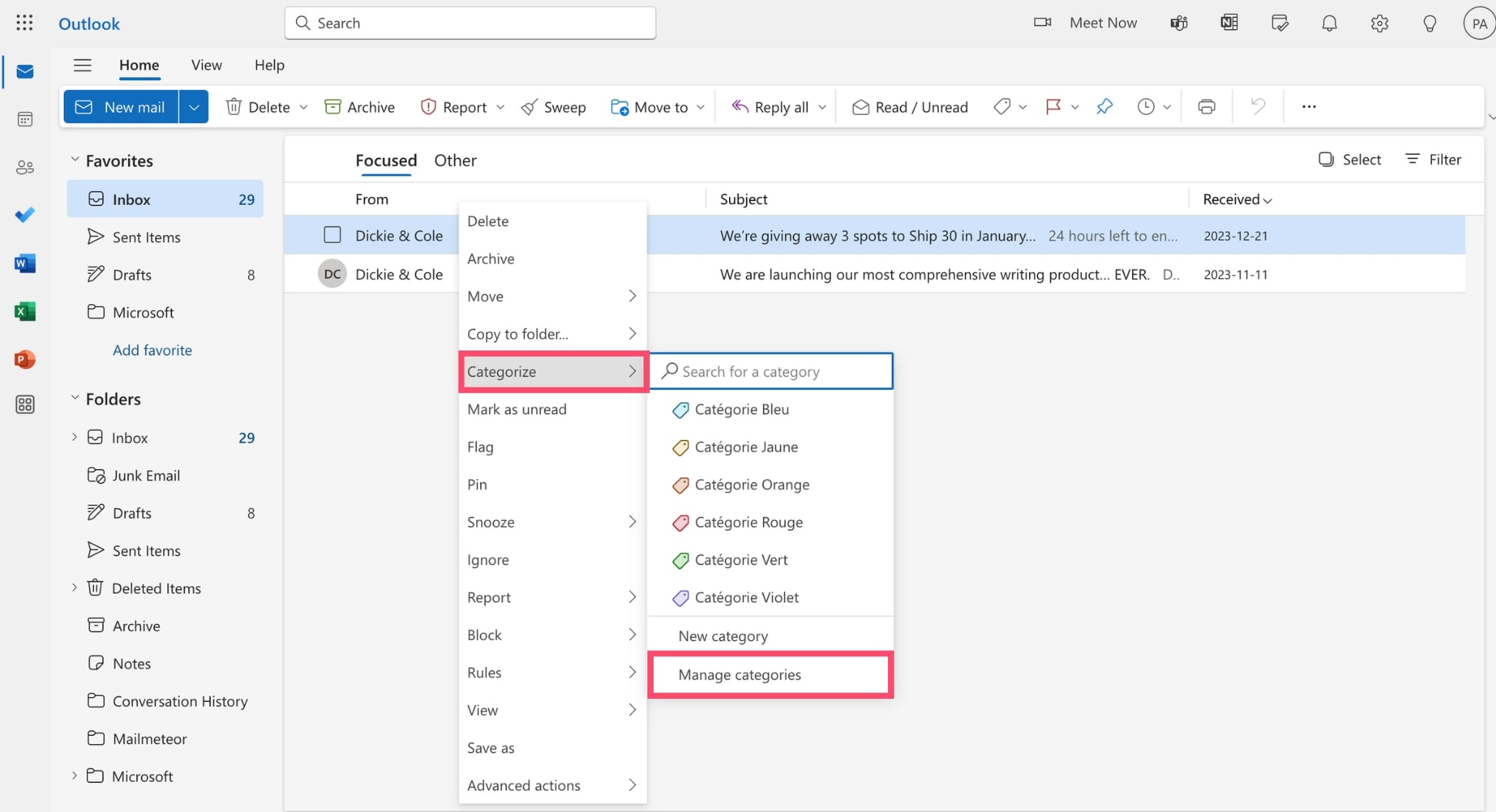 Manage categories in Outlook