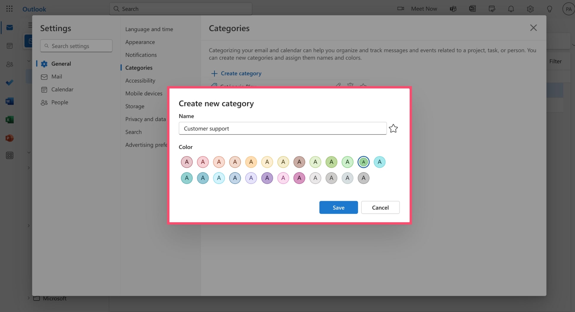 Enter the name of your Outlook email category