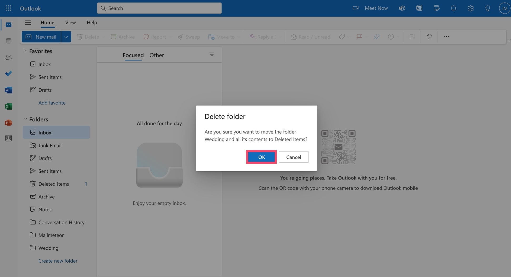 Remove an email folder from your Microsoft Outlook account