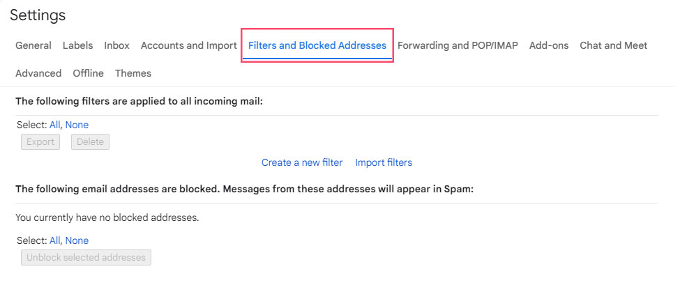 Filters and blocked addresses