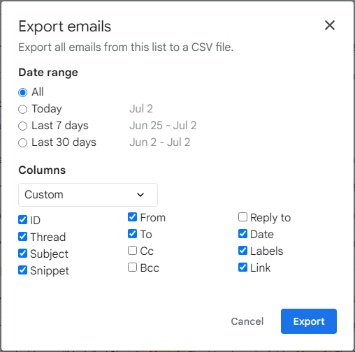 Filter emails to export