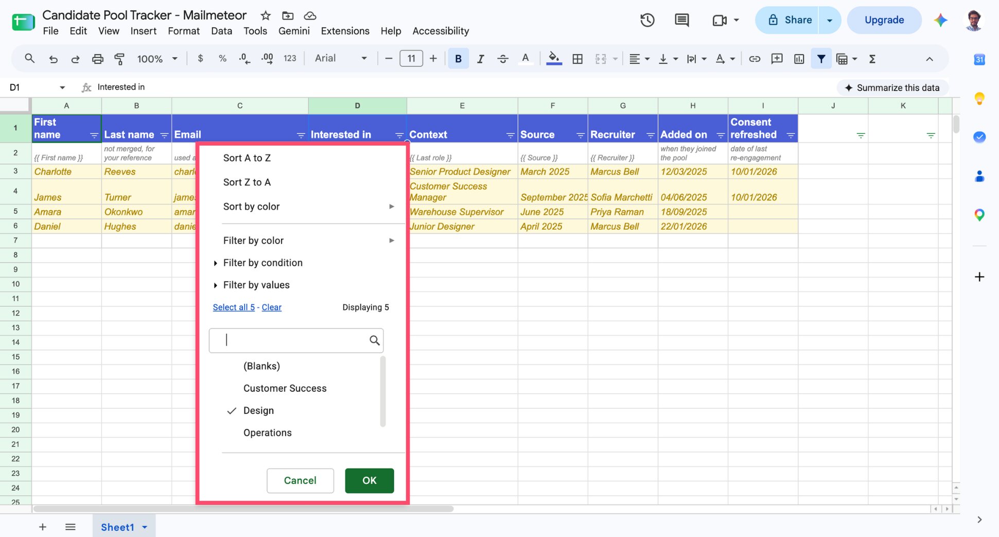Google Sheets filter applied to the Interested in column, showing one segment of a candidate pool