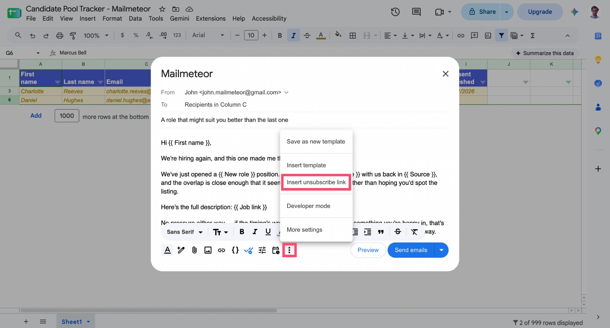 Mailmeteor options panel with the unsubscribe link enabled