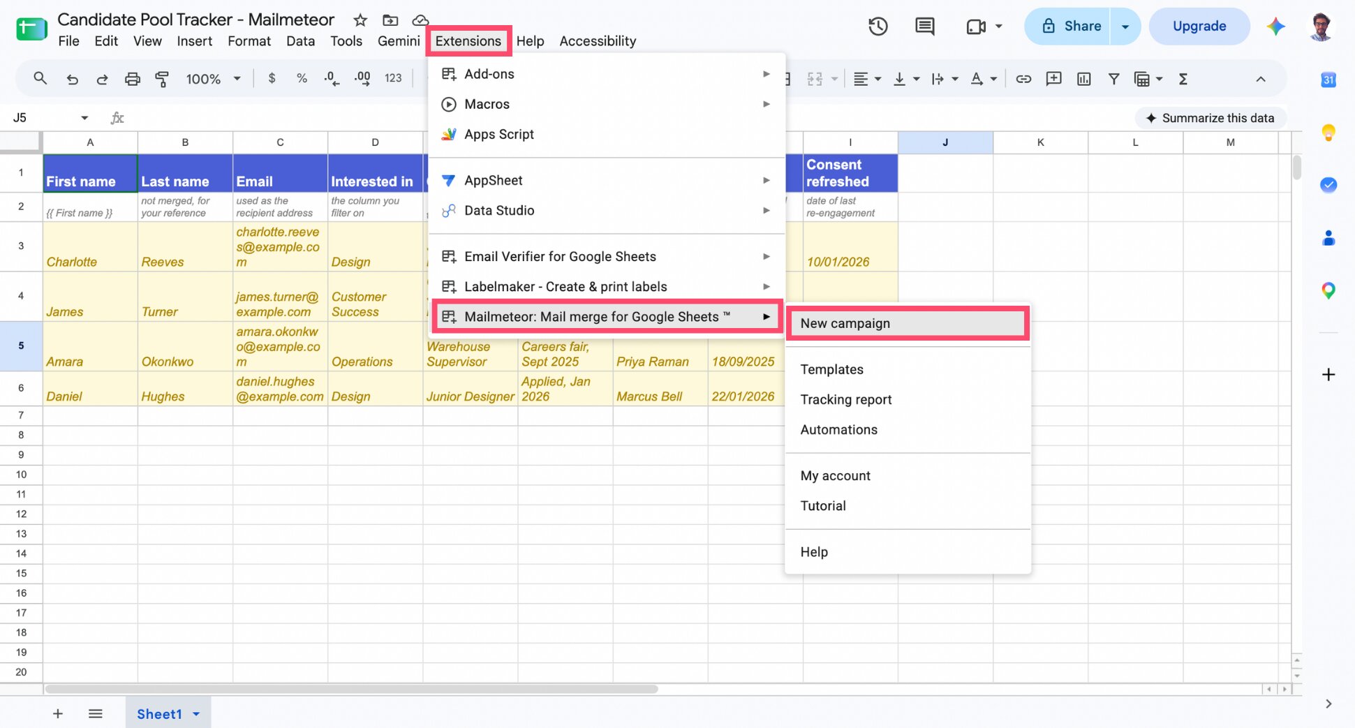 Mailmeteor menu in Google Sheets Extensions, with New campaign selected