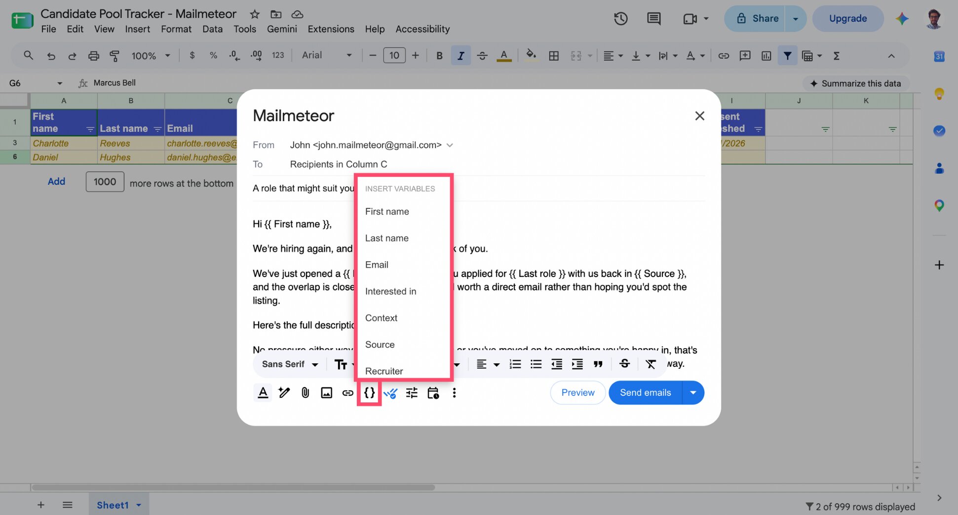Mailmeteor Compose window with a candidate pool update and merge tags inserted