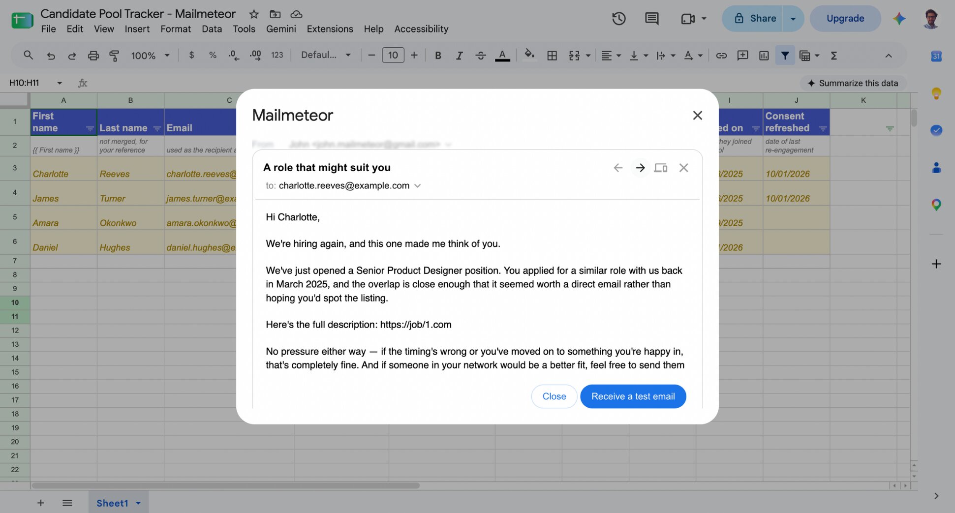 Mailmeteor preview showing a personalized candidate pool email