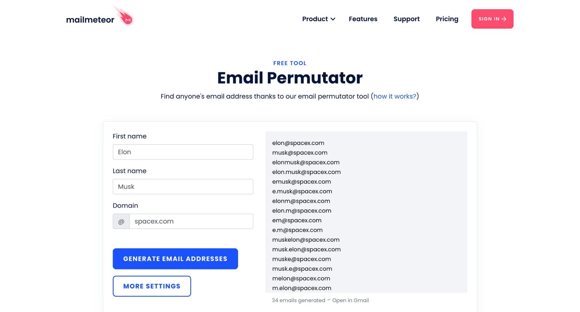 Mailmeteor lets you generate dozens of potential email addresses in minutes