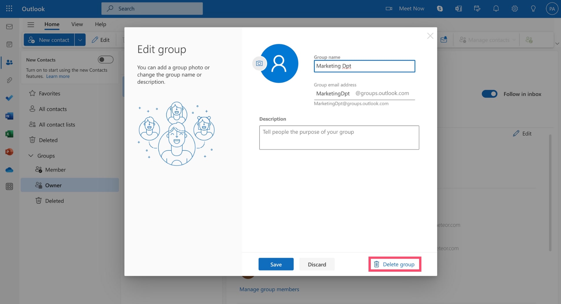 Delete your email group in Outlook