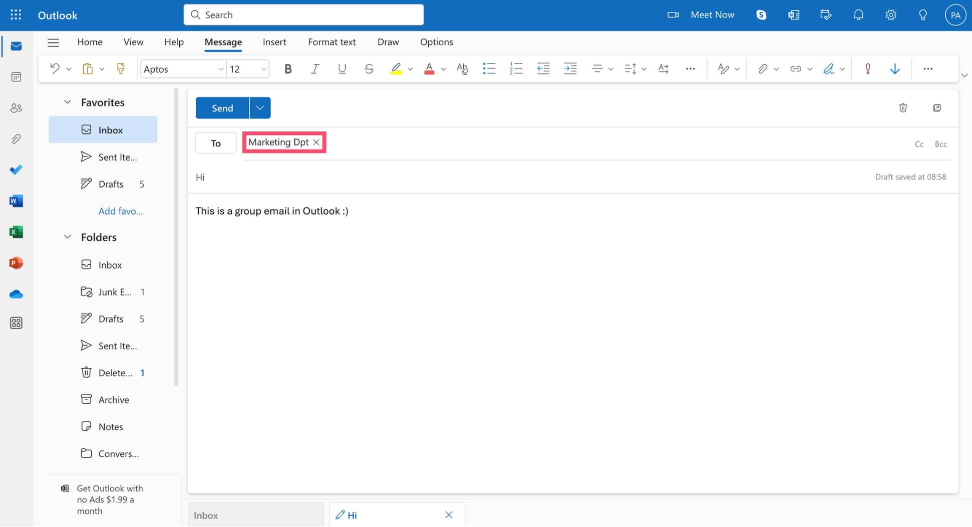 Add the email address of your Outlook contact group