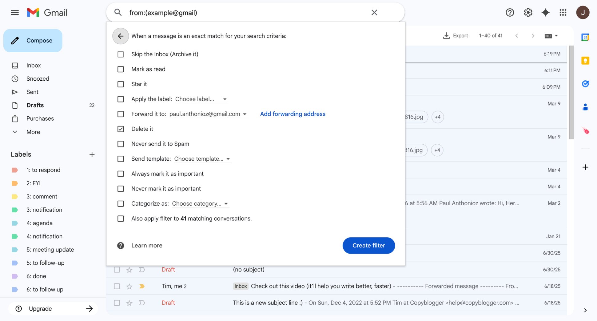 Creating a Gmail filter to automatically sort incoming emails