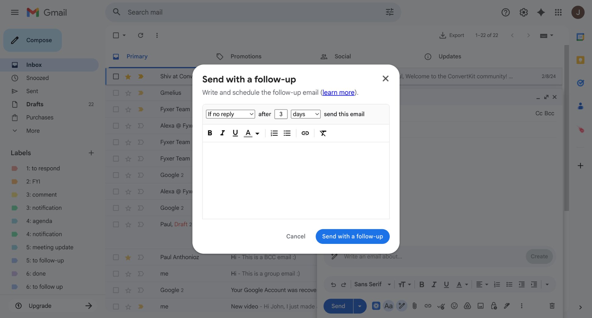 Scheduling an automated follow-up email in Mailmeteor for Gmail