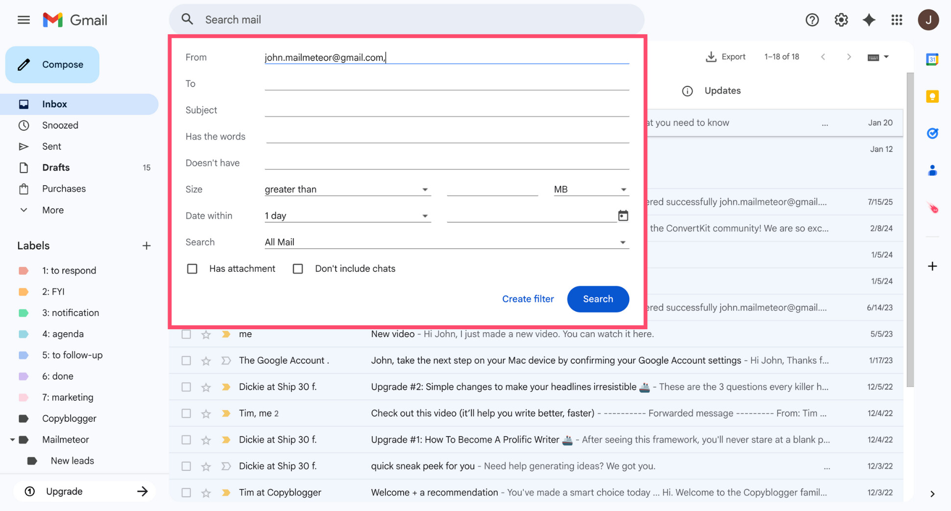 Define filter criteria in Gmail search options