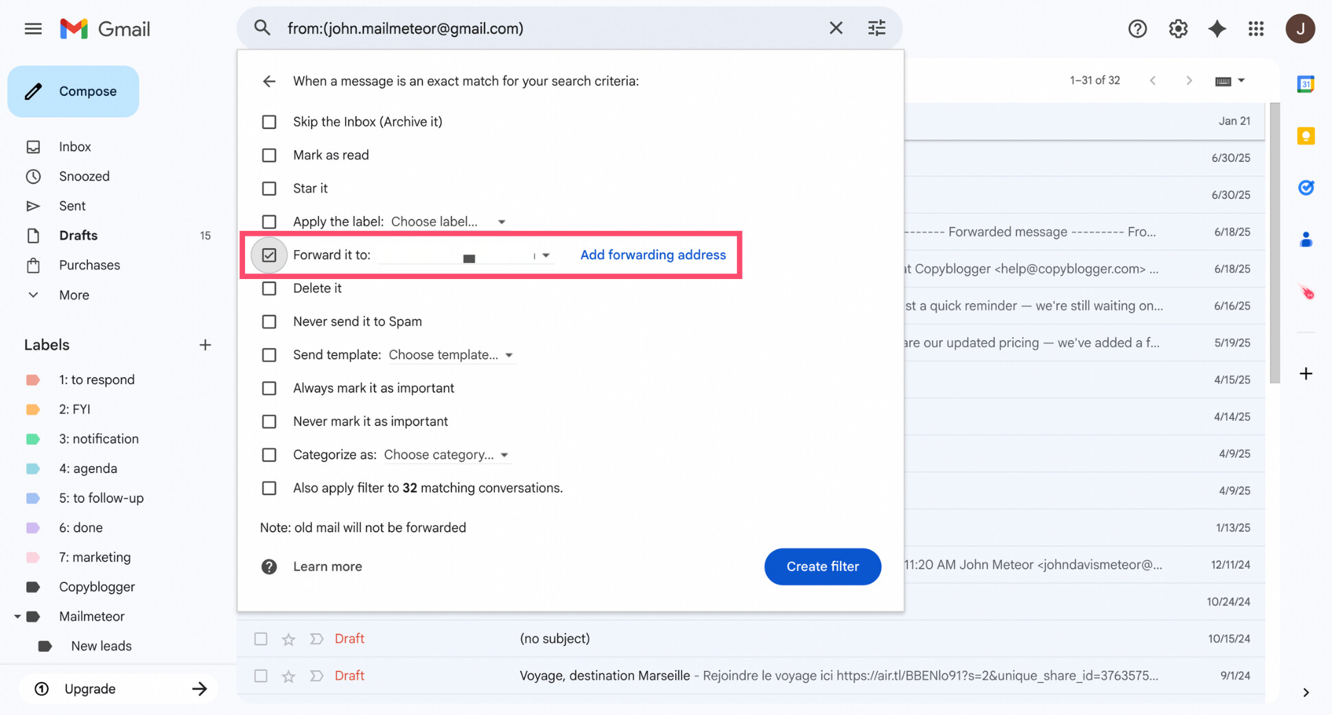 Select forwarding address when creating a Gmail filter
