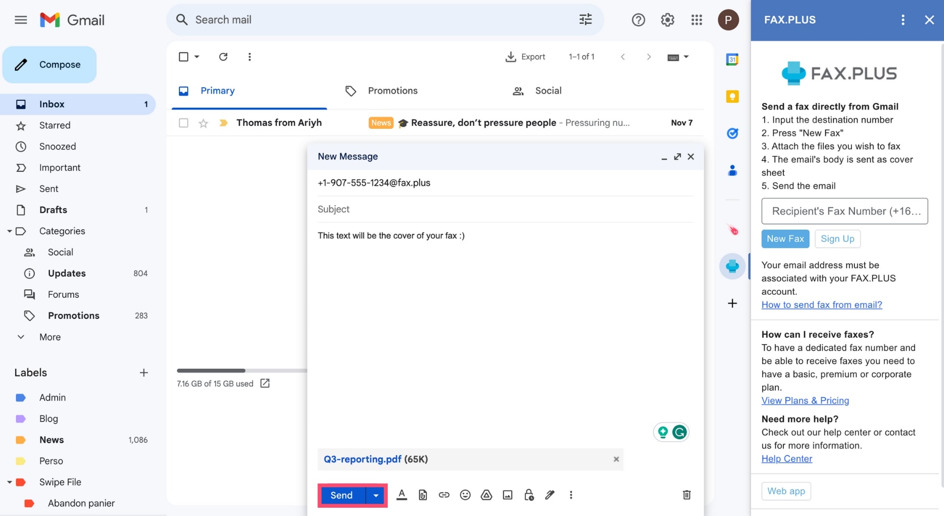 Send your fax directly from Gmail