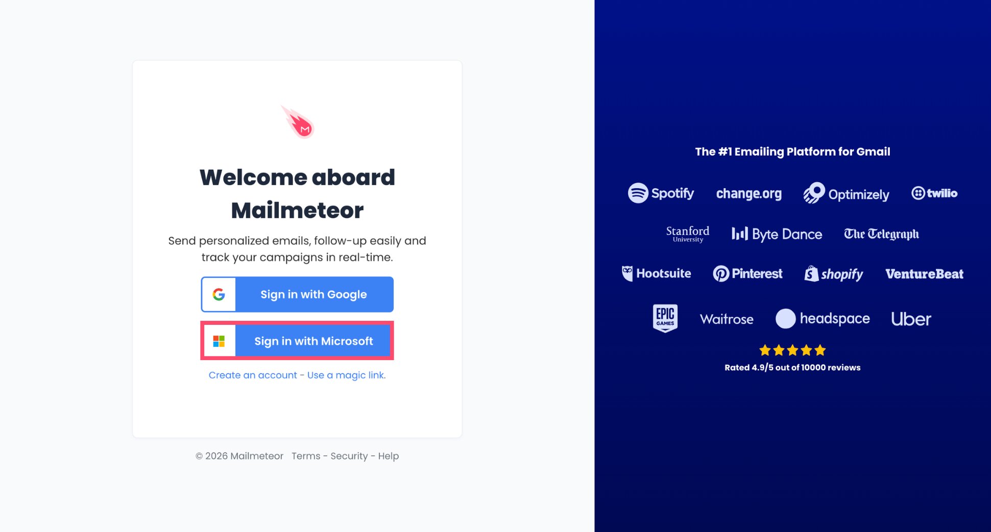Mailmeteor Dashboard sign in with Microsoft account