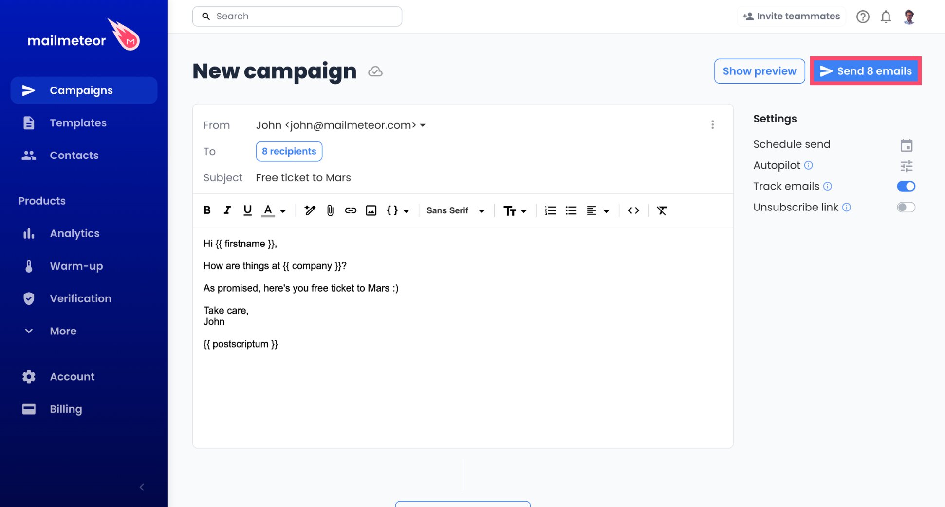 Send tracked email campaign from Mailmeteor