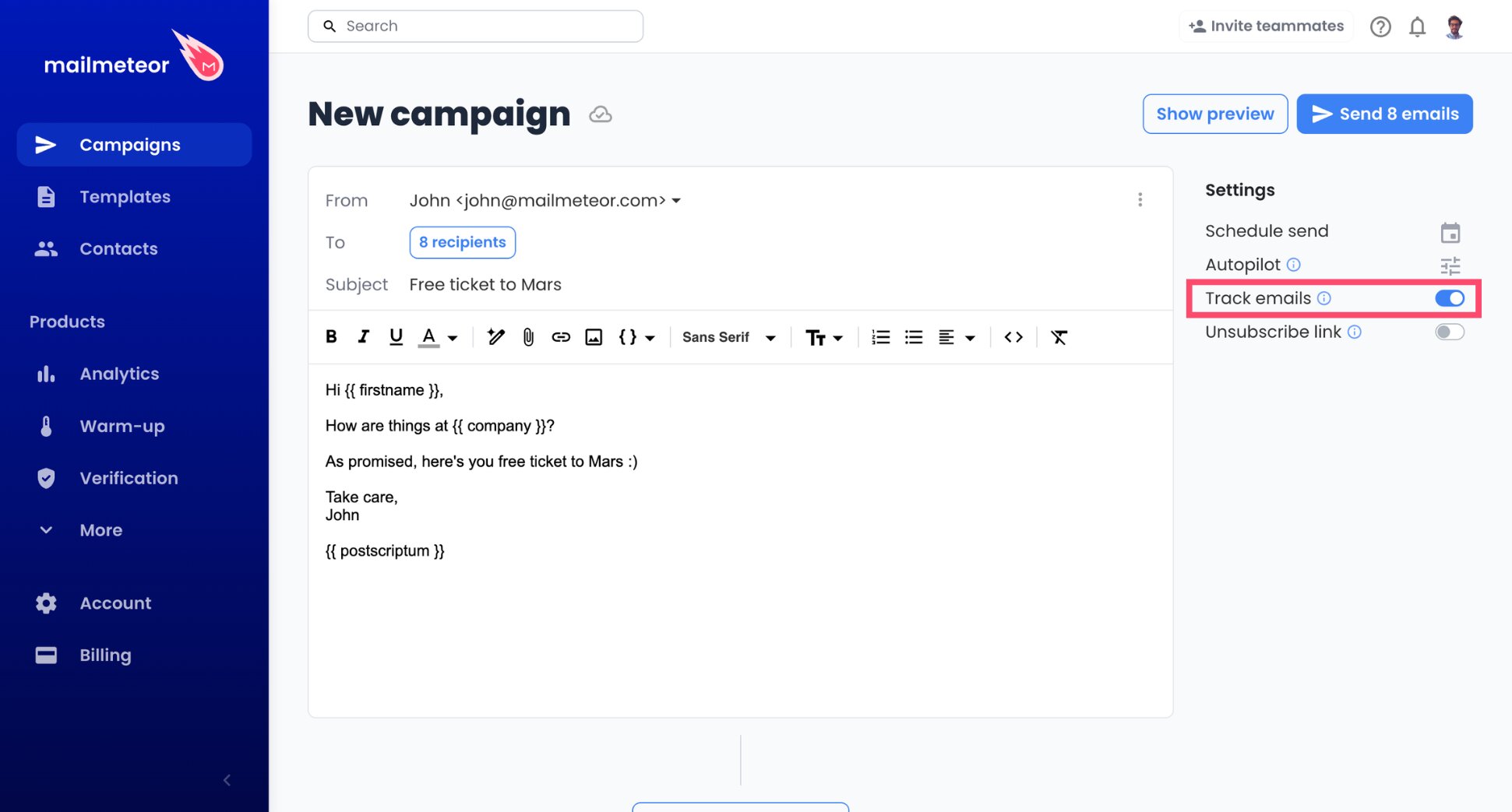 Enable email tracking in Mailmeteor campaign settings