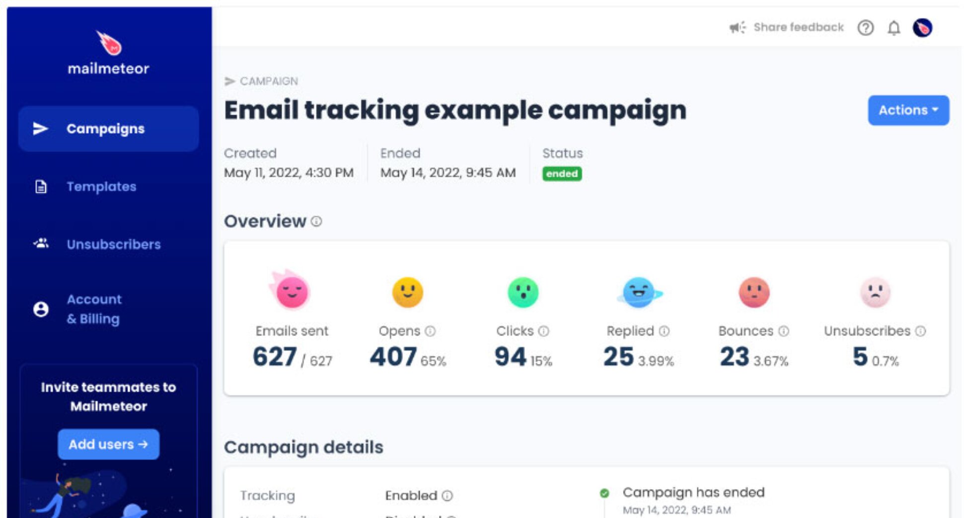Mailmeteor email tracking dashboard