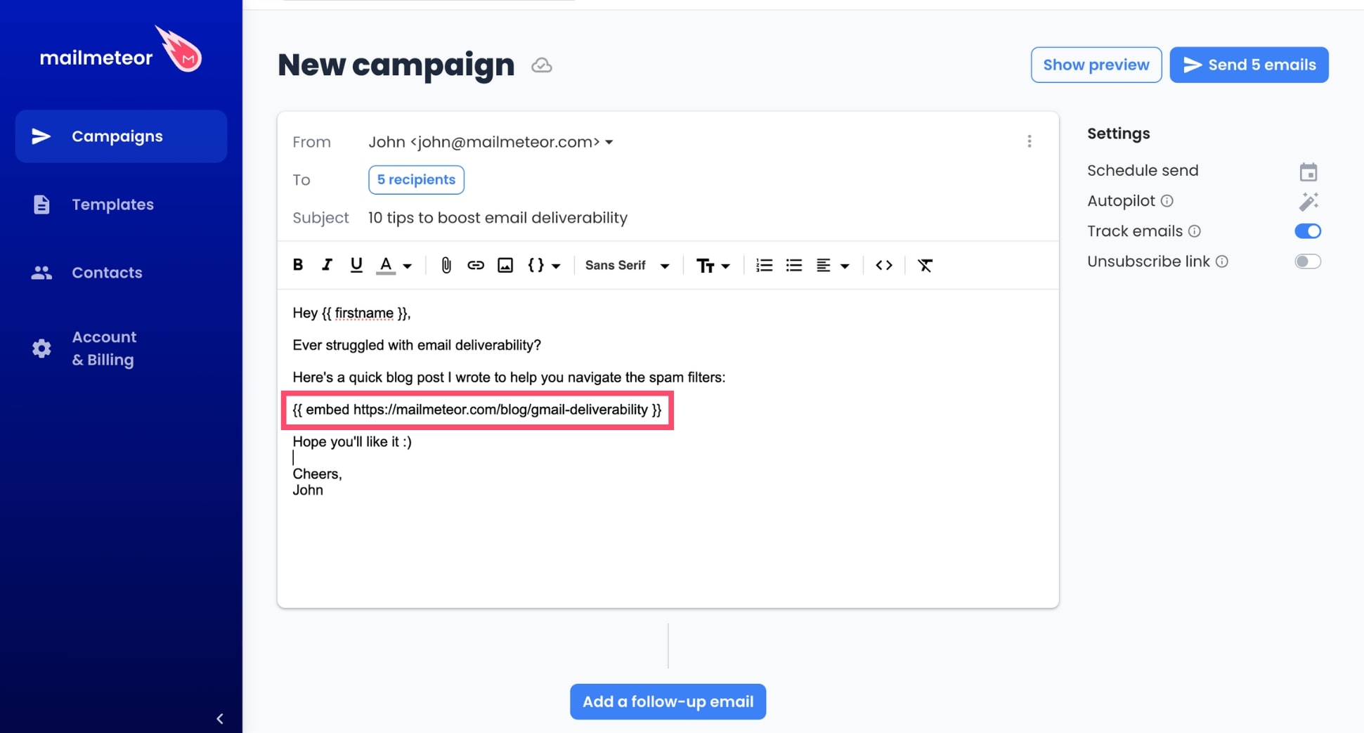 Embed your blog post in the email using Mailmeteor